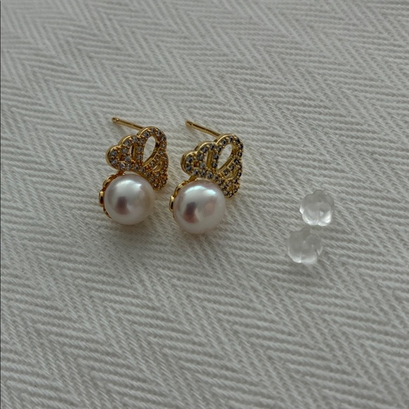 Gold Pearl Stud Earrings | Sparkling Crystal Accent | Christmas Gift for Her - Picture 2 of 8